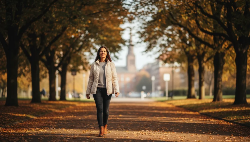 Žena kráčí sama po klidné pěšině v parku, obklopená podzimním listím