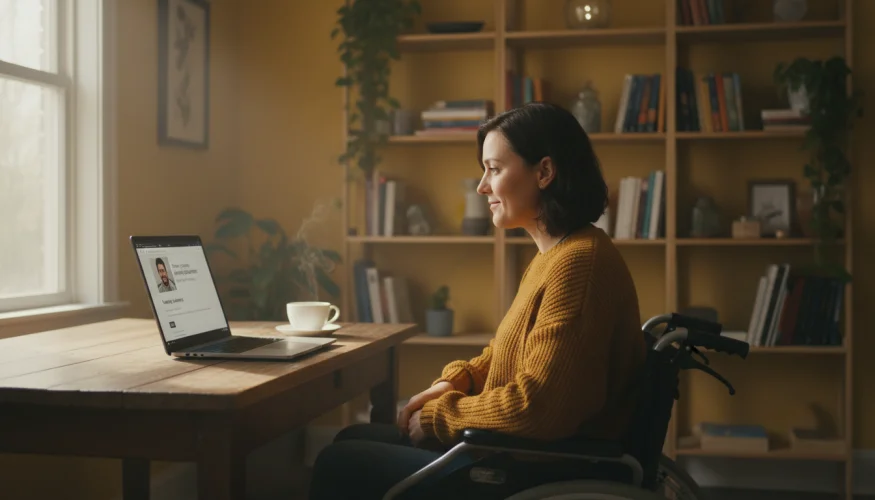 Žena na vozíku prohlíží seznamovací profil na laptopu doma u stolu