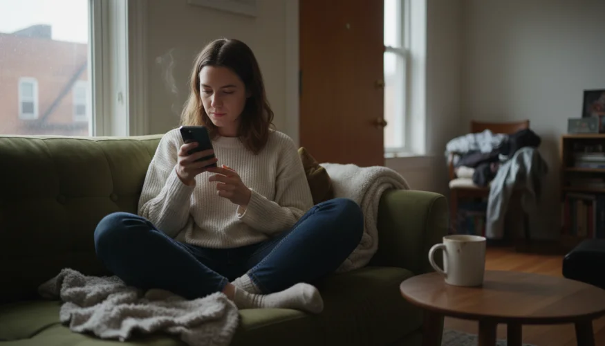 Mladá žena sama v bytě scrolluje přes seznamovací aplikaci v telefonu