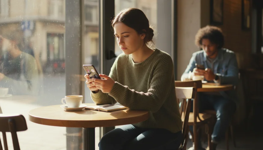 Mladá žena v kavárně hledí zamyšleně do telefonu s datovací aplikací